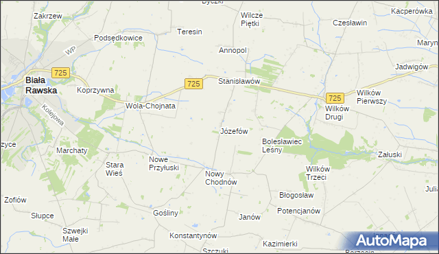 mapa Józefów gmina Biała Rawska, Józefów gmina Biała Rawska na mapie Targeo
