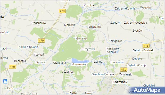 mapa Krzyżówki gmina Koźminek, Krzyżówki gmina Koźminek na mapie Targeo