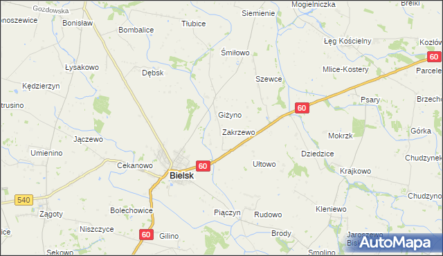 mapa Zakrzewo gmina Bielsk, Zakrzewo gmina Bielsk na mapie Targeo