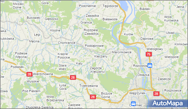 mapa Klęczany gmina Chełmiec, Klęczany gmina Chełmiec na mapie Targeo