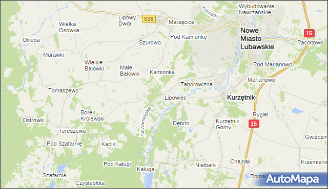 mapa Lipowiec gmina Kurzętnik, Lipowiec gmina Kurzętnik na mapie Targeo