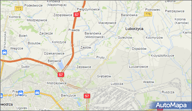 mapa Prusy gmina Kocmyrzów-Luborzyca, Prusy gmina Kocmyrzów-Luborzyca na mapie Targeo