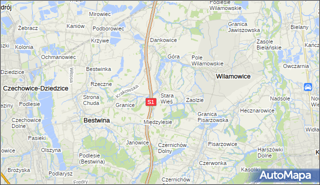 mapa Stara Wieś gmina Wilamowice, Stara Wieś gmina Wilamowice na mapie Targeo