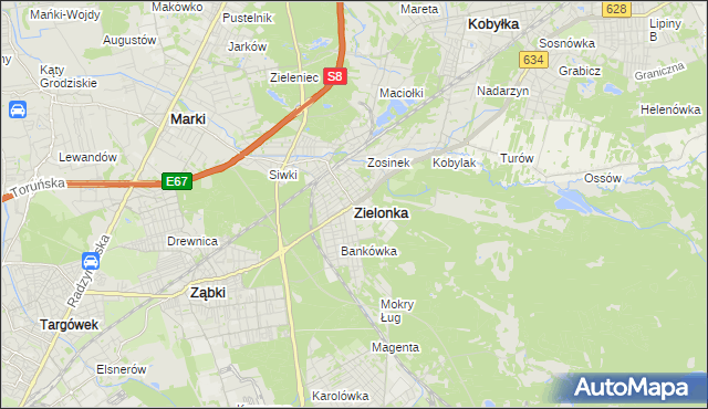 mapa Zielonka powiat wołomiński, Zielonka powiat wołomiński na mapie Targeo