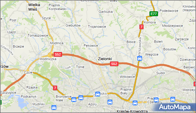 mapa Zielonki powiat krakowski, Zielonki powiat krakowski na mapie Targeo