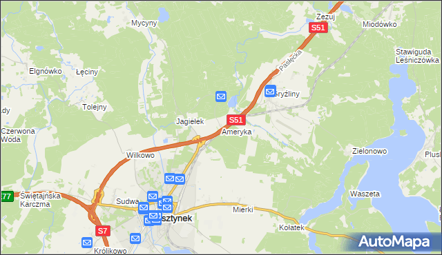 mapa Ameryka gmina Olsztynek, Ameryka gmina Olsztynek na mapie Targeo