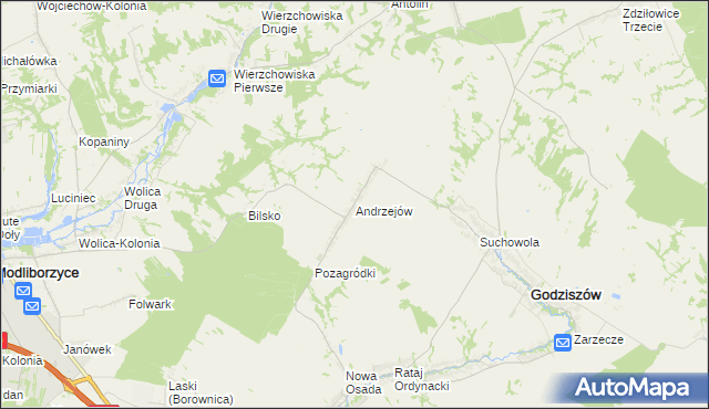 mapa Andrzejów gmina Godziszów, Andrzejów gmina Godziszów na mapie Targeo