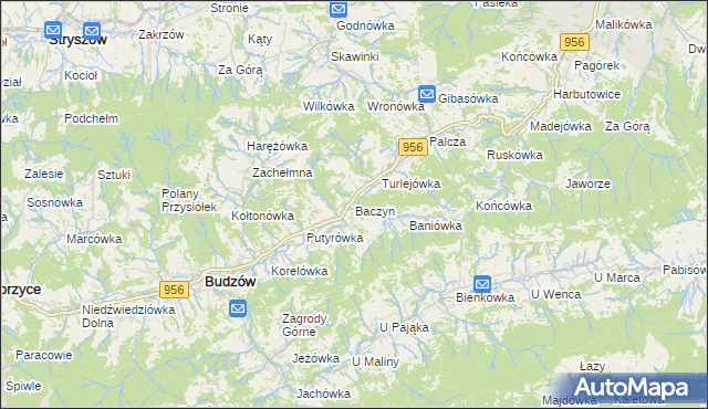 mapa Baczyn gmina Budzów, Baczyn gmina Budzów na mapie Targeo