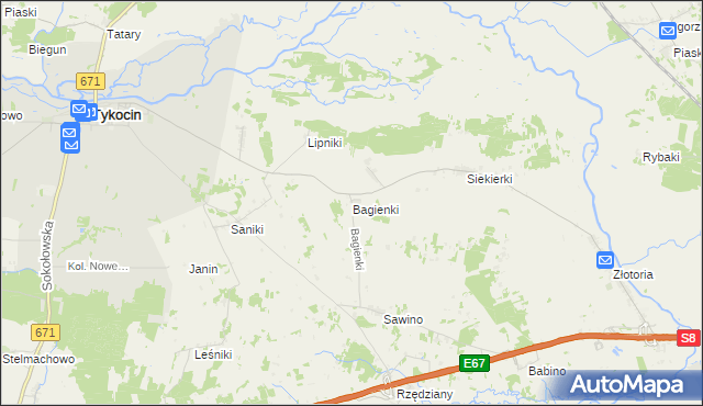 mapa Bagienki gmina Tykocin, Bagienki gmina Tykocin na mapie Targeo