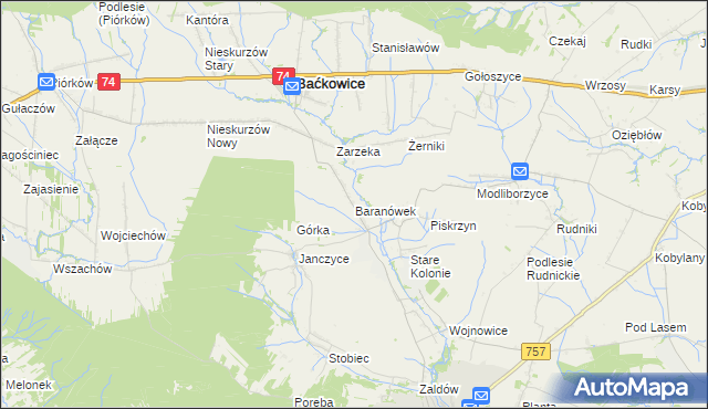mapa Baranówek gmina Baćkowice, Baranówek gmina Baćkowice na mapie Targeo