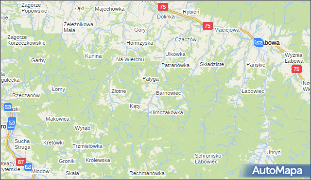 mapa Barnowiec gmina Łabowa, Barnowiec gmina Łabowa na mapie Targeo