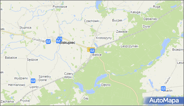 mapa Bielice gmina Biskupiec, Bielice gmina Biskupiec na mapie Targeo