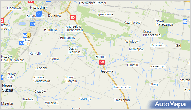 mapa Bielice gmina Sochaczew, Bielice gmina Sochaczew na mapie Targeo