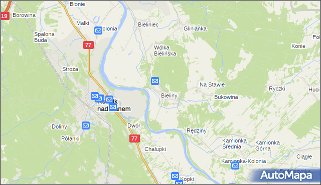 mapa Bieliny gmina Ulanów, Bieliny gmina Ulanów na mapie Targeo