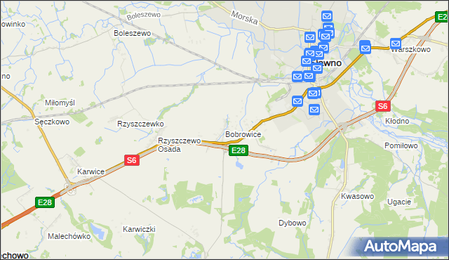 mapa Bobrowice gmina Sławno, Bobrowice gmina Sławno na mapie Targeo