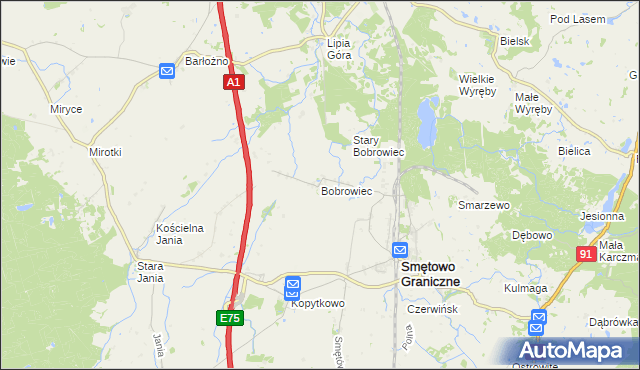 mapa Bobrowiec gmina Smętowo Graniczne, Bobrowiec gmina Smętowo Graniczne na mapie Targeo