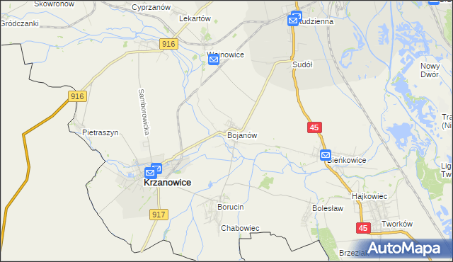 mapa Bojanów gmina Krzanowice, Bojanów gmina Krzanowice na mapie Targeo