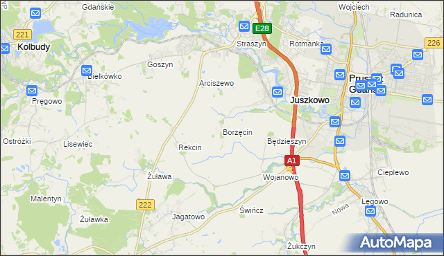 mapa Borzęcin gmina Pruszcz Gdański, Borzęcin gmina Pruszcz Gdański na mapie Targeo