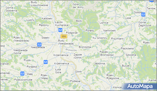 mapa Broniszów gmina Wielopole Skrzyńskie, Broniszów gmina Wielopole Skrzyńskie na mapie Targeo