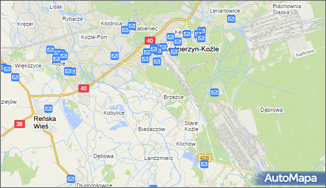 mapa Brzeźce gmina Bierawa, Brzeźce gmina Bierawa na mapie Targeo