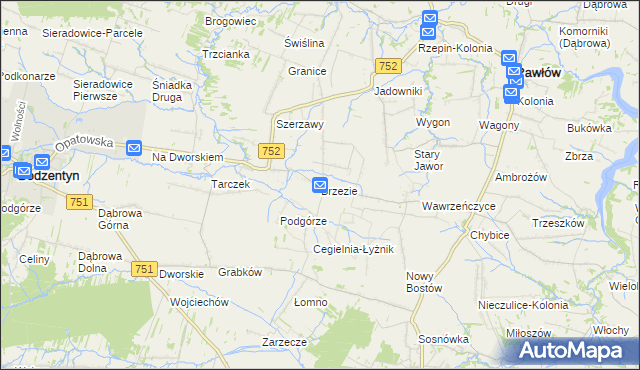 mapa Brzezie gmina Pawłów, Brzezie gmina Pawłów na mapie Targeo