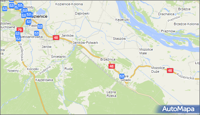 mapa Brzeźnica gmina Kozienice, Brzeźnica gmina Kozienice na mapie Targeo