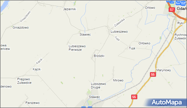 mapa Brzózki gmina Nowy Staw, Brzózki gmina Nowy Staw na mapie Targeo