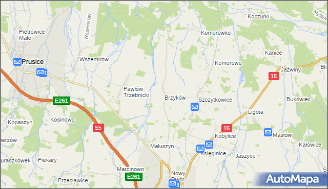 mapa Brzyków gmina Trzebnica, Brzyków gmina Trzebnica na mapie Targeo