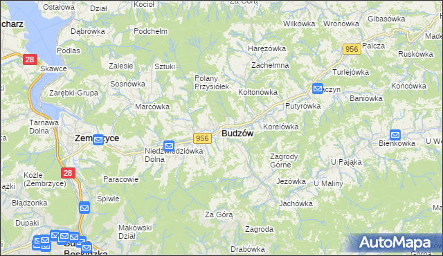 mapa Budzów powiat suski, Budzów powiat suski na mapie Targeo