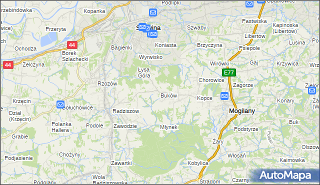 mapa Buków gmina Mogilany, Buków gmina Mogilany na mapie Targeo