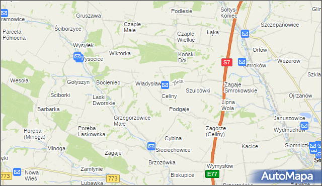 mapa Celiny gmina Iwanowice, Celiny gmina Iwanowice na mapie Targeo