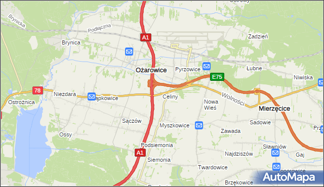mapa Celiny gmina Ożarowice, Celiny gmina Ożarowice na mapie Targeo