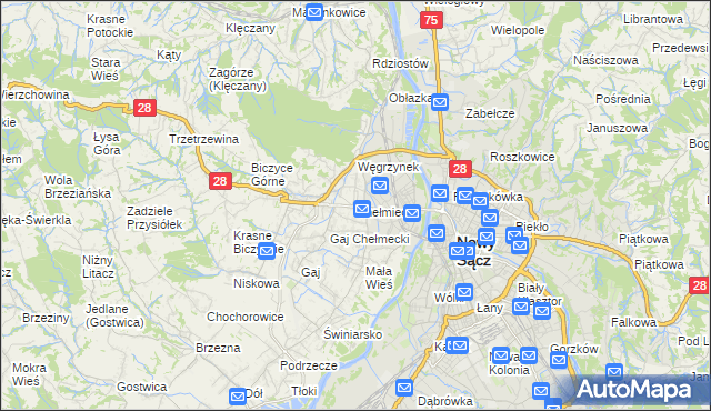 mapa Chełmiec powiat nowosądecki, Chełmiec powiat nowosądecki na mapie Targeo