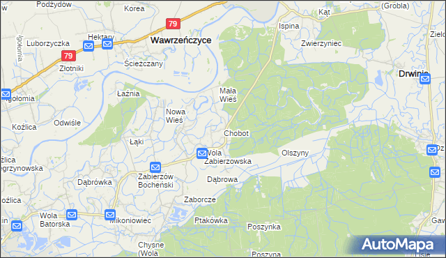 mapa Chobot gmina Niepołomice, Chobot gmina Niepołomice na mapie Targeo