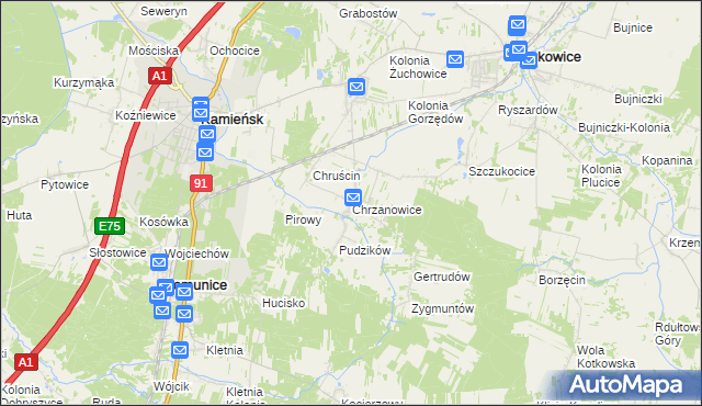 mapa Chrzanowice gmina Gomunice, Chrzanowice gmina Gomunice na mapie Targeo
