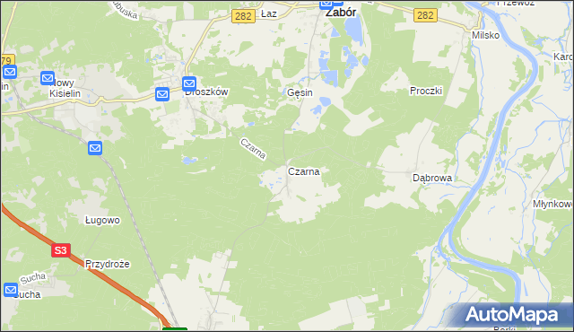 mapa Czarna gmina Zabór, Czarna gmina Zabór na mapie Targeo