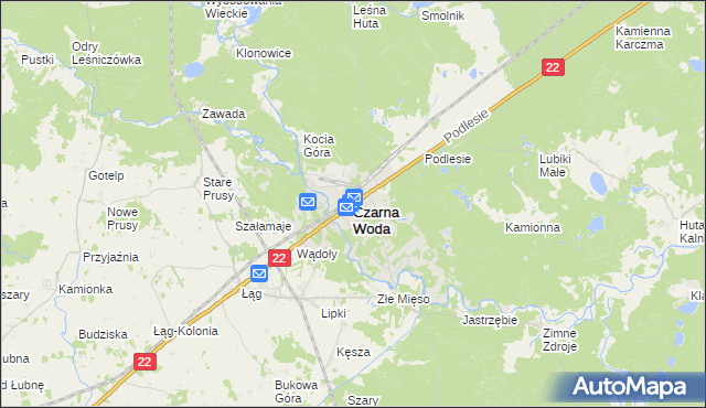 mapa Czarna Woda powiat starogardzki, Czarna Woda powiat starogardzki na mapie Targeo