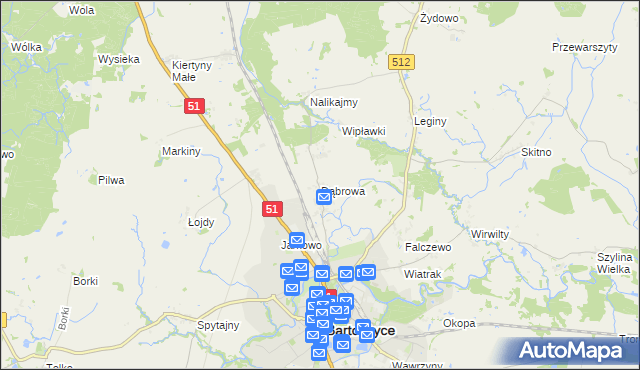 mapa Dąbrowa gmina Bartoszyce, Dąbrowa gmina Bartoszyce na mapie Targeo