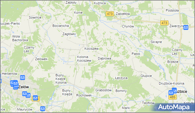 mapa Dąbrowa gmina Zelów, Dąbrowa gmina Zelów na mapie Targeo