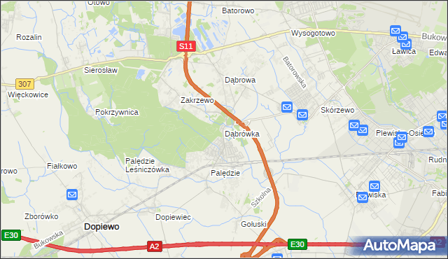 mapa Dąbrówka gmina Dopiewo, Dąbrówka gmina Dopiewo na mapie Targeo