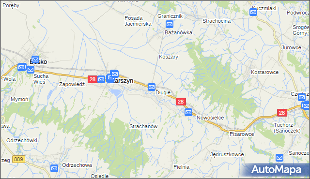 mapa Długie gmina Zarszyn, Długie gmina Zarszyn na mapie Targeo