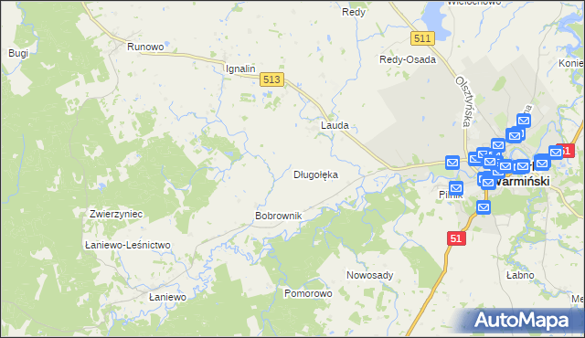 mapa Długołęka gmina Lidzbark Warmiński, Długołęka gmina Lidzbark Warmiński na mapie Targeo