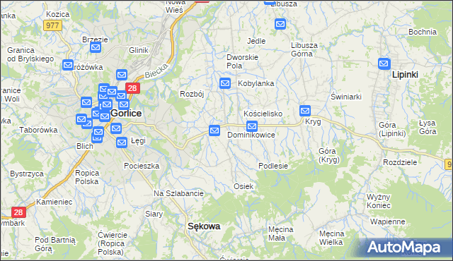 mapa Dominikowice gmina Gorlice, Dominikowice gmina Gorlice na mapie Targeo