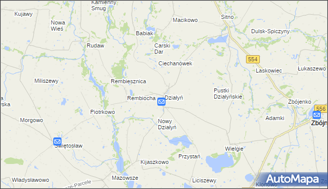 mapa Działyń gmina Zbójno, Działyń gmina Zbójno na mapie Targeo