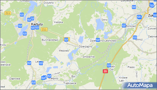 mapa Dzierżążno gmina Kartuzy, Dzierżążno gmina Kartuzy na mapie Targeo