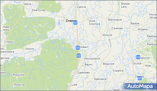 mapa Dziewin gmina Drwinia, Dziewin gmina Drwinia na mapie Targeo