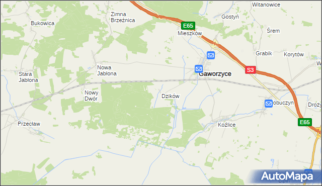 mapa Dzików gmina Gaworzyce, Dzików gmina Gaworzyce na mapie Targeo