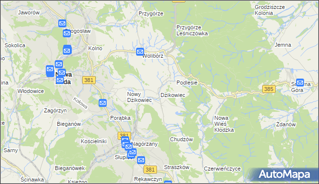 mapa Dzikowiec gmina Nowa Ruda, Dzikowiec gmina Nowa Ruda na mapie Targeo