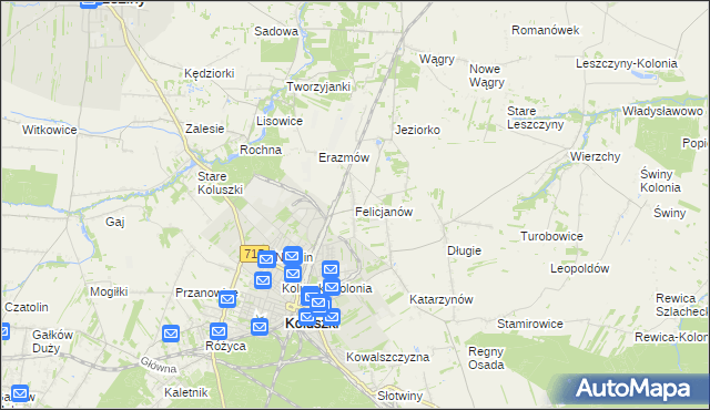 mapa Felicjanów gmina Koluszki, Felicjanów gmina Koluszki na mapie Targeo