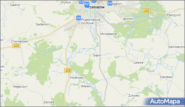 mapa Gąbin gmina Trzebiatów, Gąbin gmina Trzebiatów na mapie Targeo